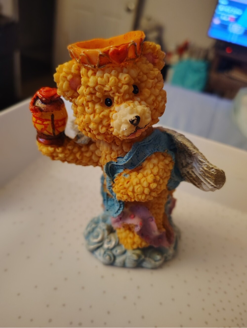 Vintage Resin Teddy Bear Angel King Figurine Crown Drum Wings Hand Painted